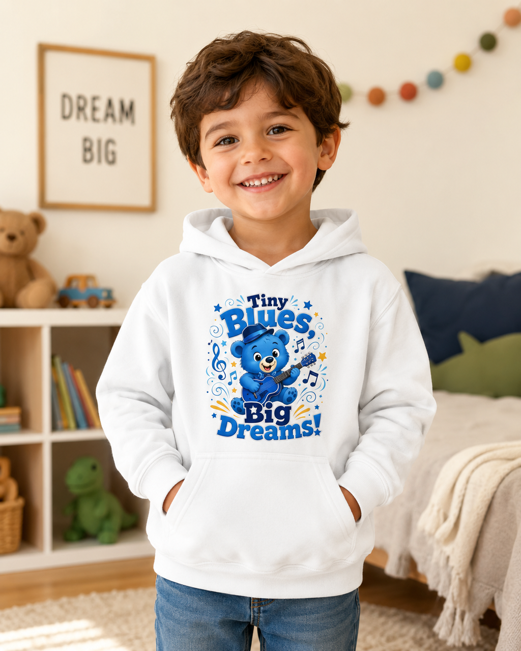 Kids Hoodie - "Tiny Blues Big Dreams" Cute Blue Bear Music Hoodie for Children