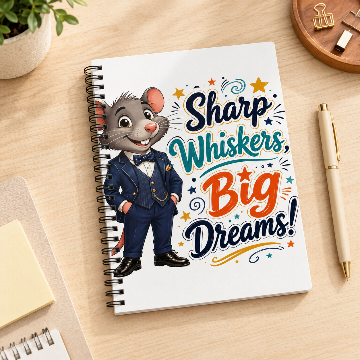 Notebook — "Sharp Whiskers, Big Dreams!" Cute Mouse Inspirational Spiral Journal