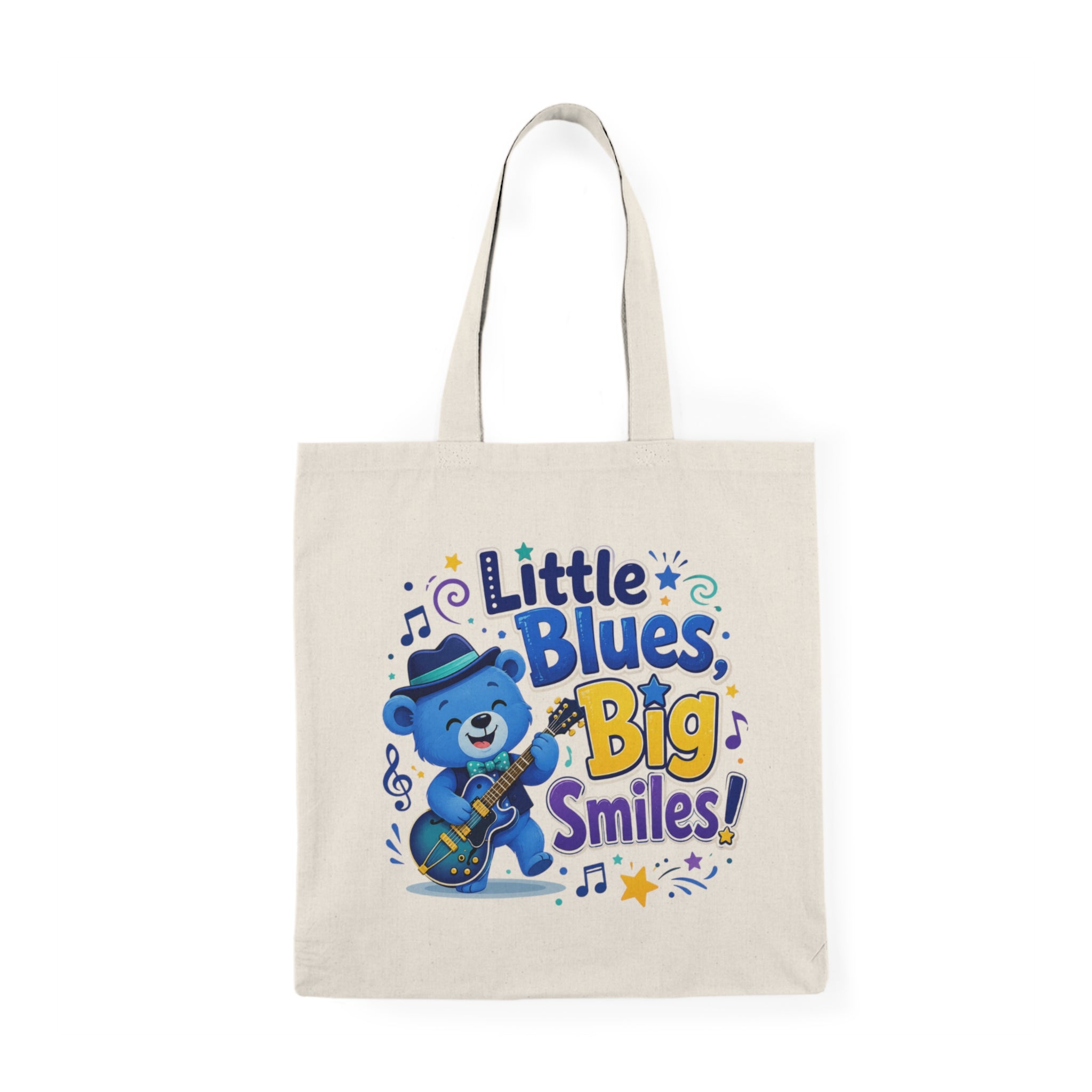 Little Blues, Big Smiles Tote Bag — Cute Blue Bear Guitar Eco Cotton Tote