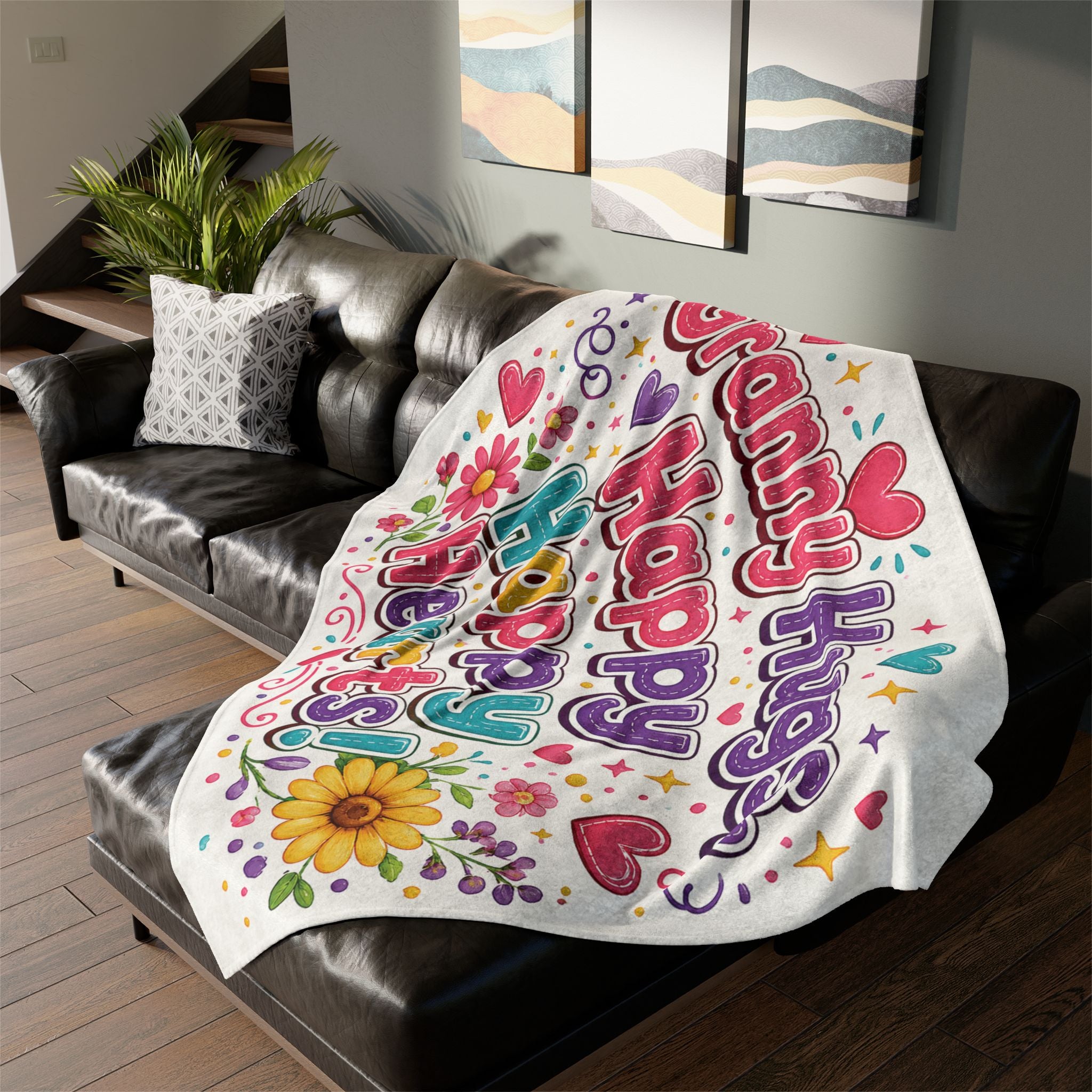 Granny Hugs Happy Happy Hearts Blanket | Floral Heart Retro Typography