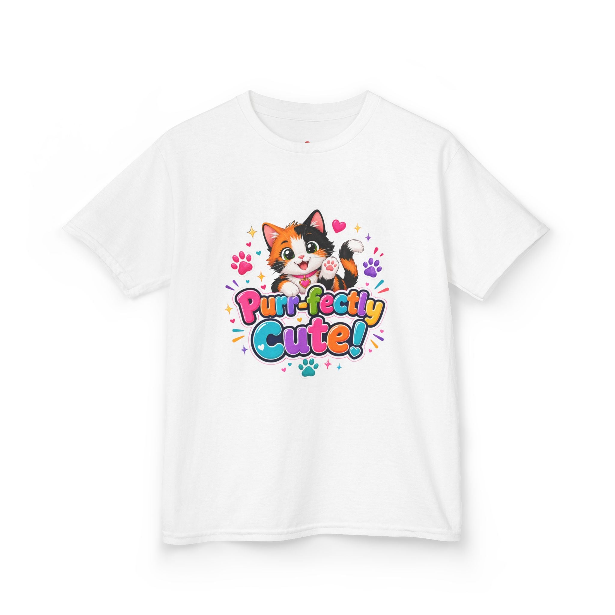 Kids T-Shirt — “Purr-fectly Cute!” Calico Kitten Graphic Tee for Children