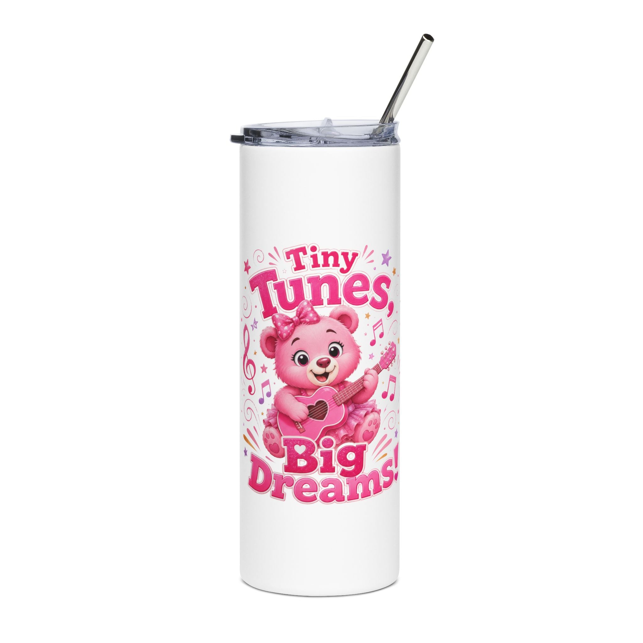 Tumbler — "Tiny Tunes, Big Dreams" Pink Bear 20oz Stainless Steel Travel Cup