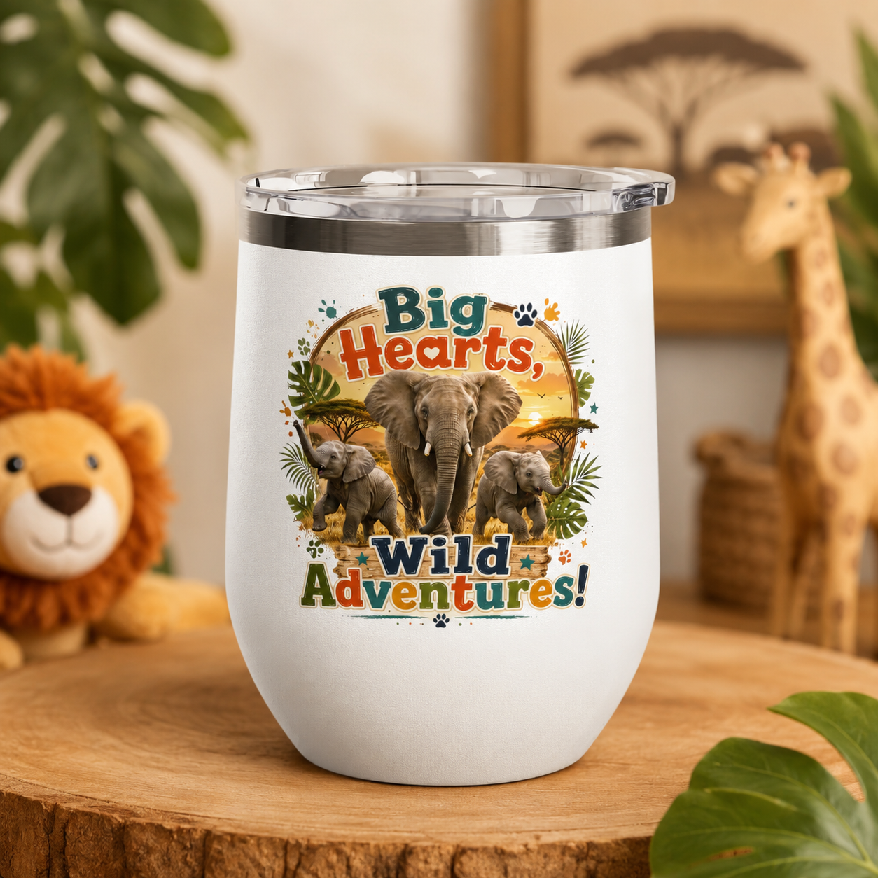 12oz Tumbler — "Big Hearts, Wild Adventures!" Elephant Safari Travel Cup
