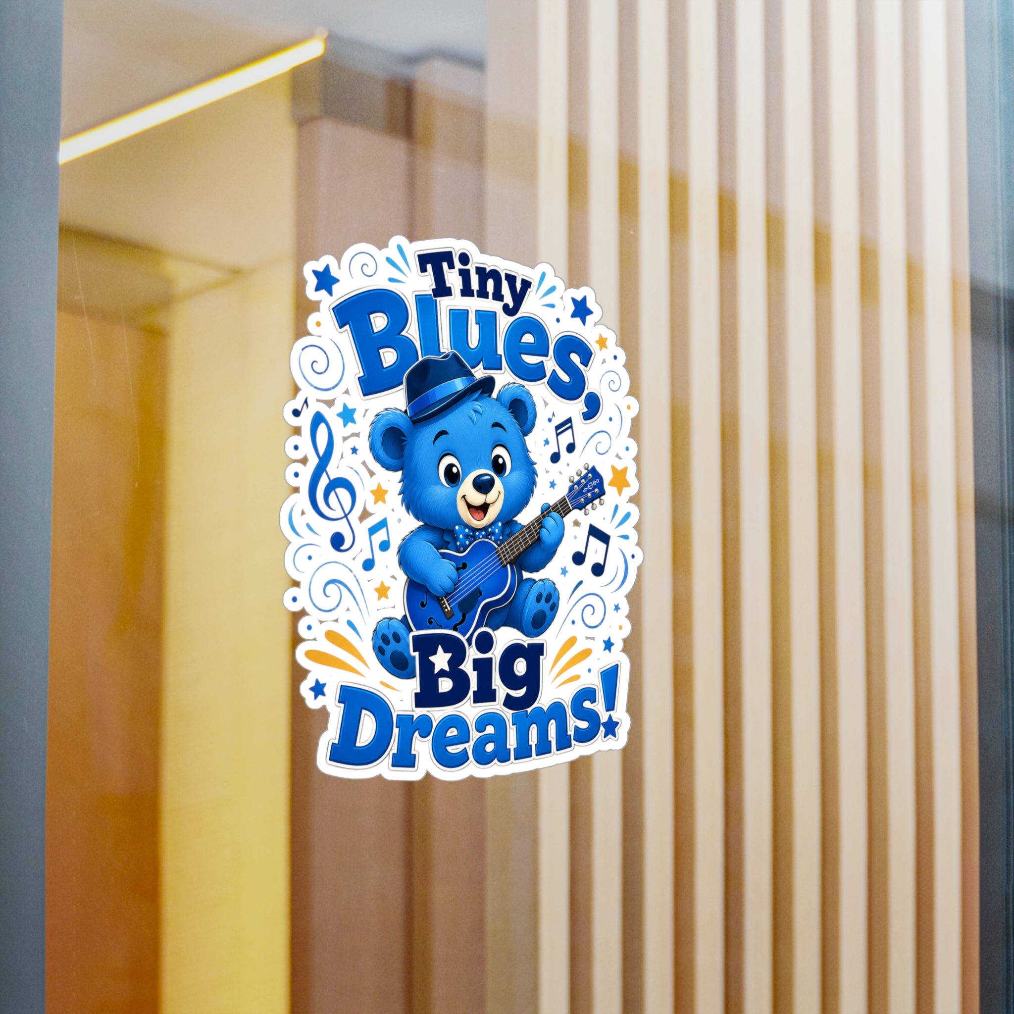 Tiny Blues Big Dreams Sticker — Cute Blue Bear Guitar Kiss-Cut Vinyl Decal