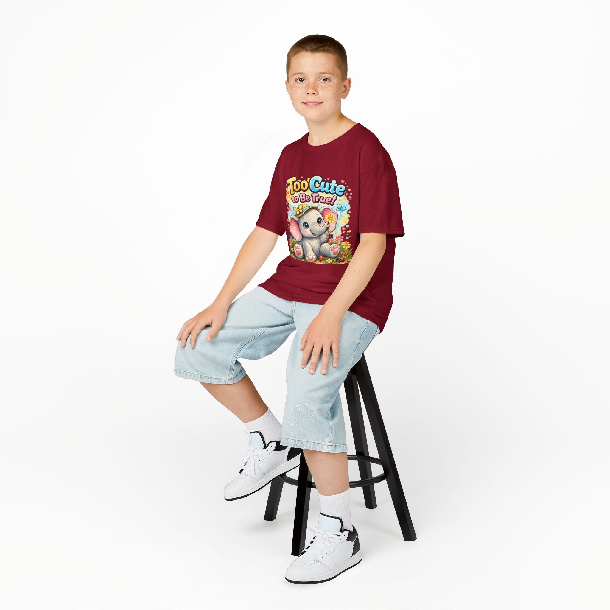 Kids Tee — "Too Cute to Be True" Elephant Graphic