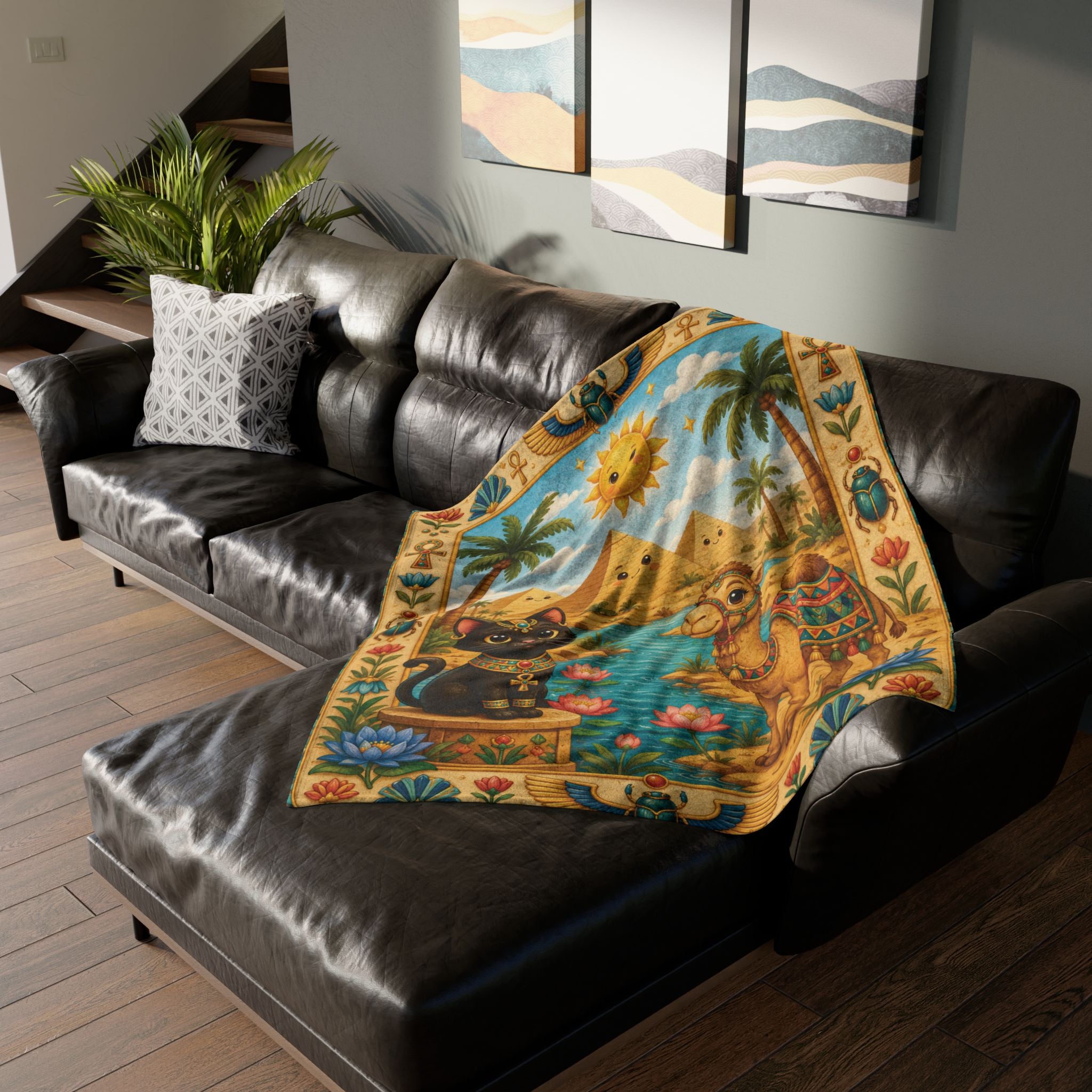 Egyptian Cat and Camel Blanket | Pyramid Sun Retro Egyptian Illustration