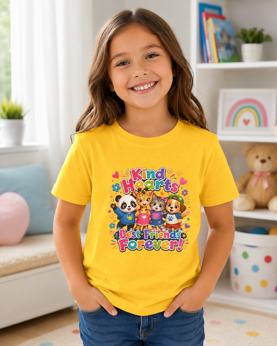 Kids Tee — "Kind Hearts Best Friends Forever" Colorful Cartoon Animals
