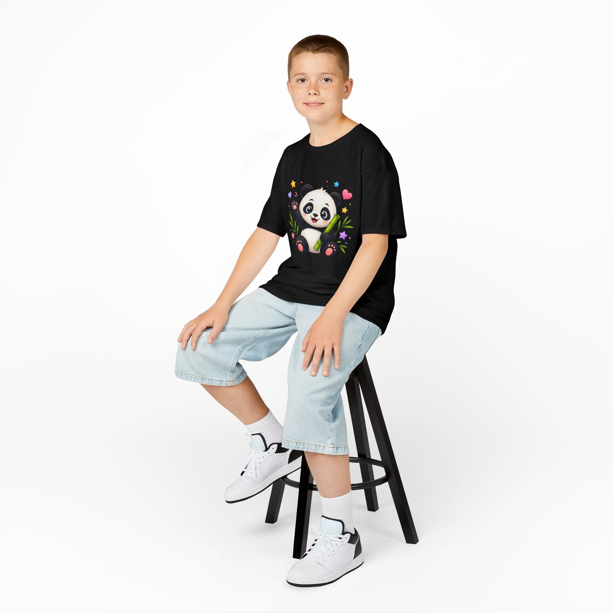 Cute Panda Kids T‑Shirt — Smiling Baby Panda with Hearts & Bamboo