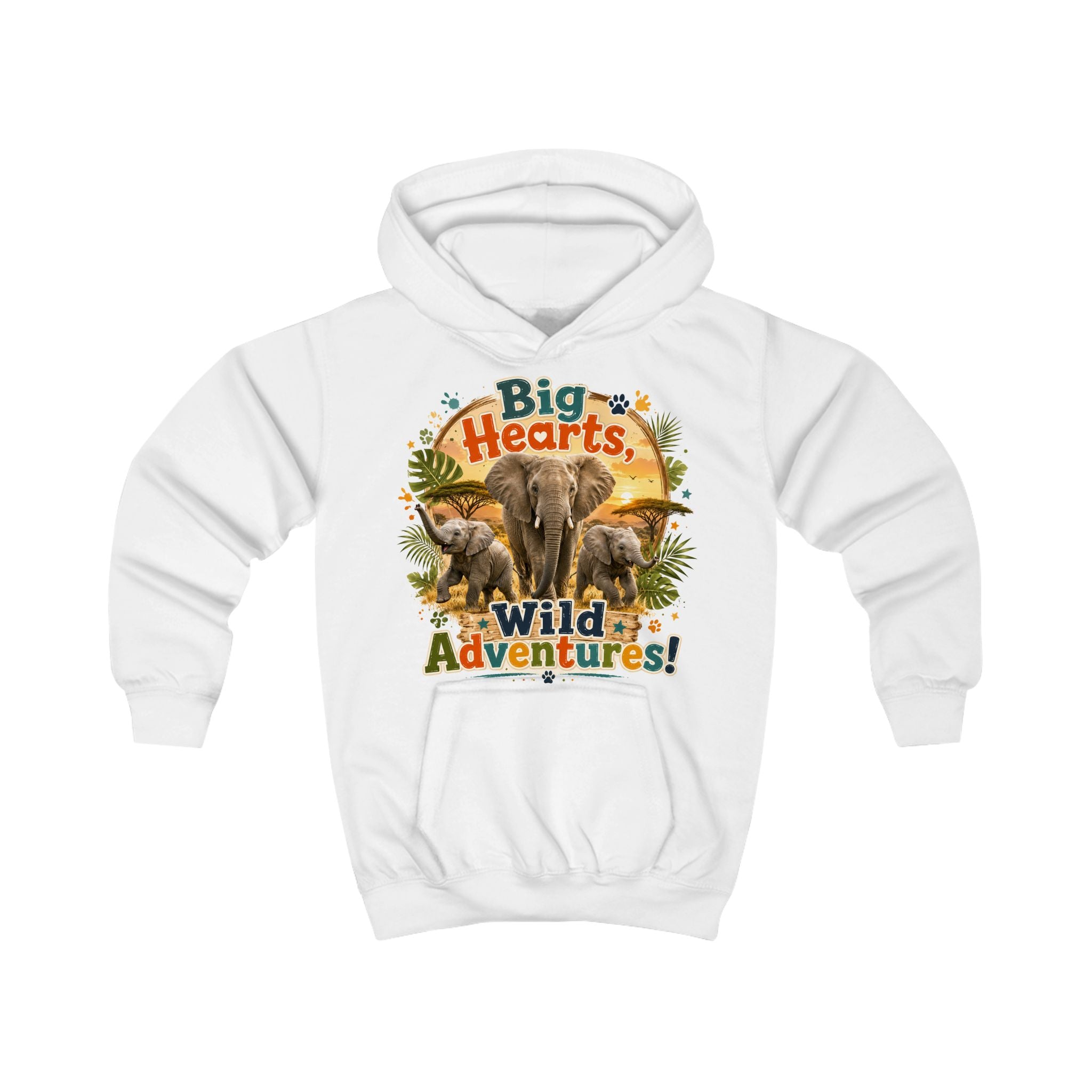 Kids Hoodie — "Big Hearts, Wild Adventures!" Elephant Safari Graphic
