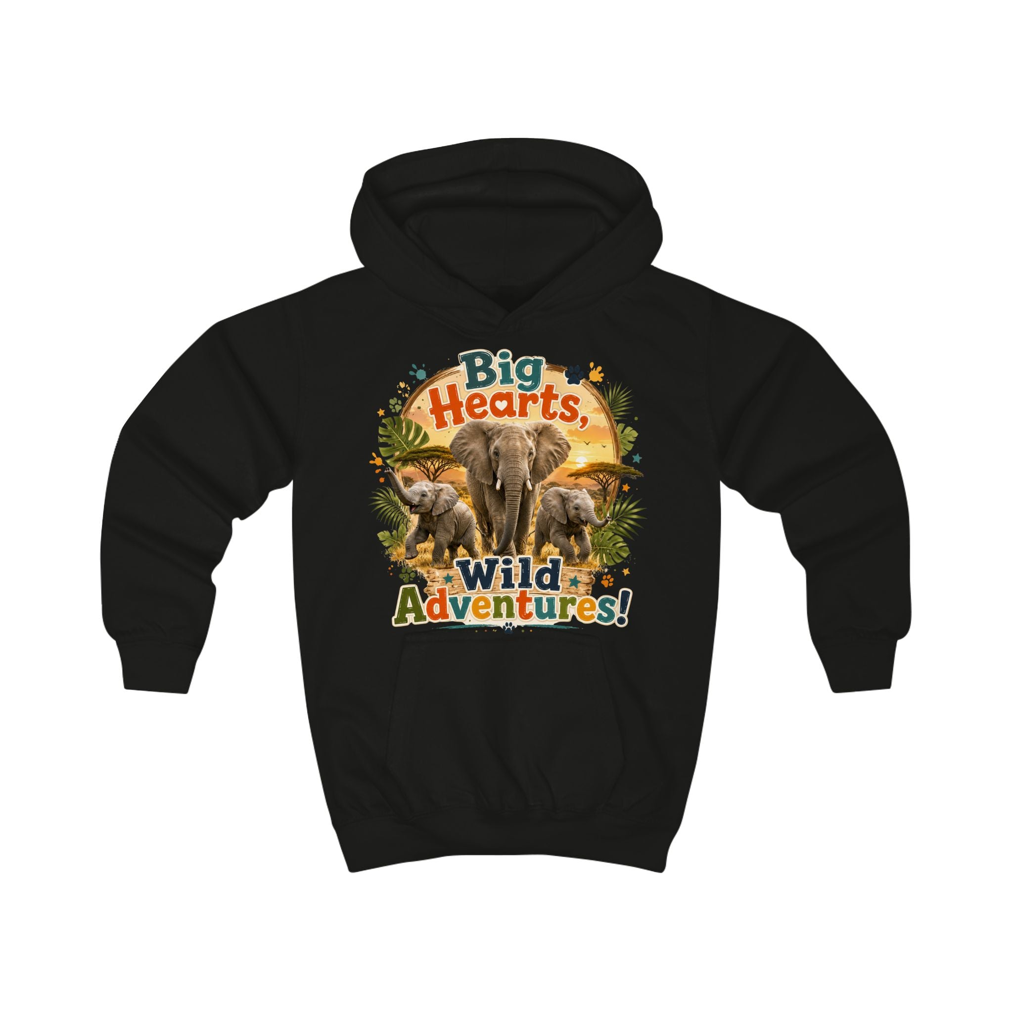Kids Hoodie — "Big Hearts, Wild Adventures!" Elephant Safari Graphic