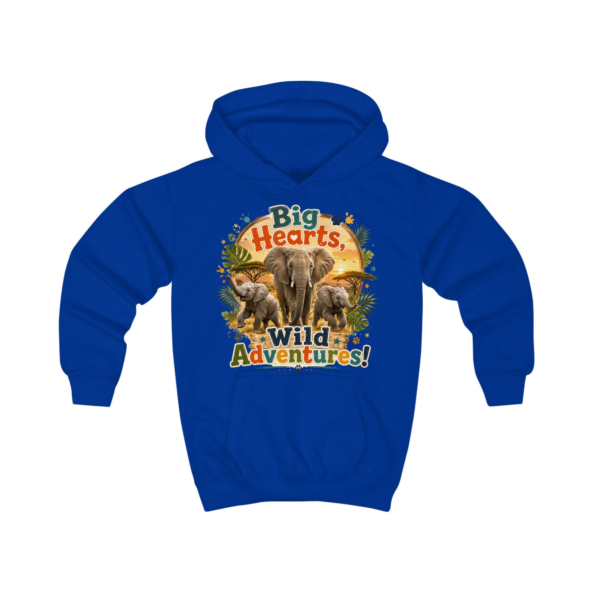 Kids Hoodie — "Big Hearts, Wild Adventures!" Elephant Safari Graphic