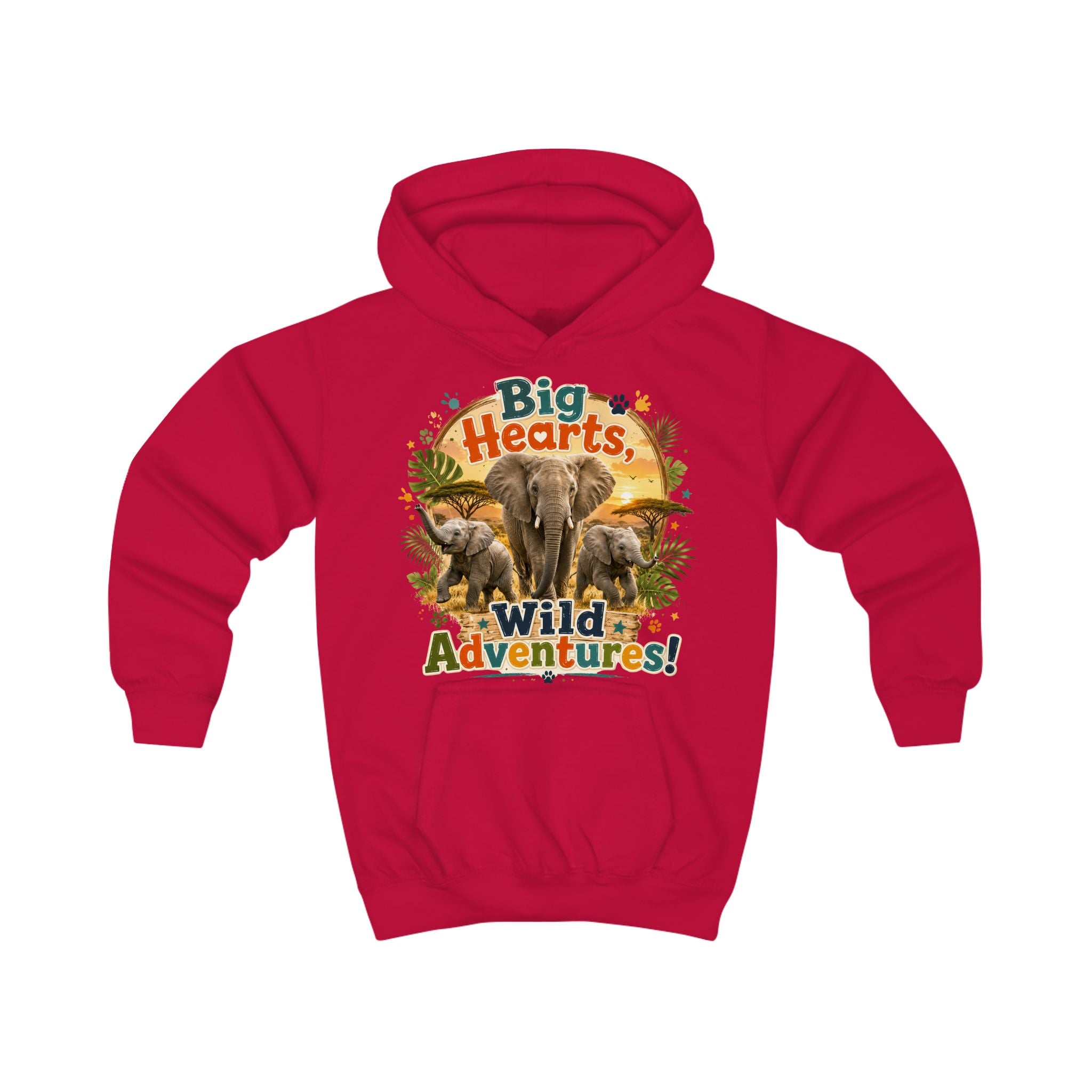 Kids Hoodie — "Big Hearts, Wild Adventures!" Elephant Safari Graphic