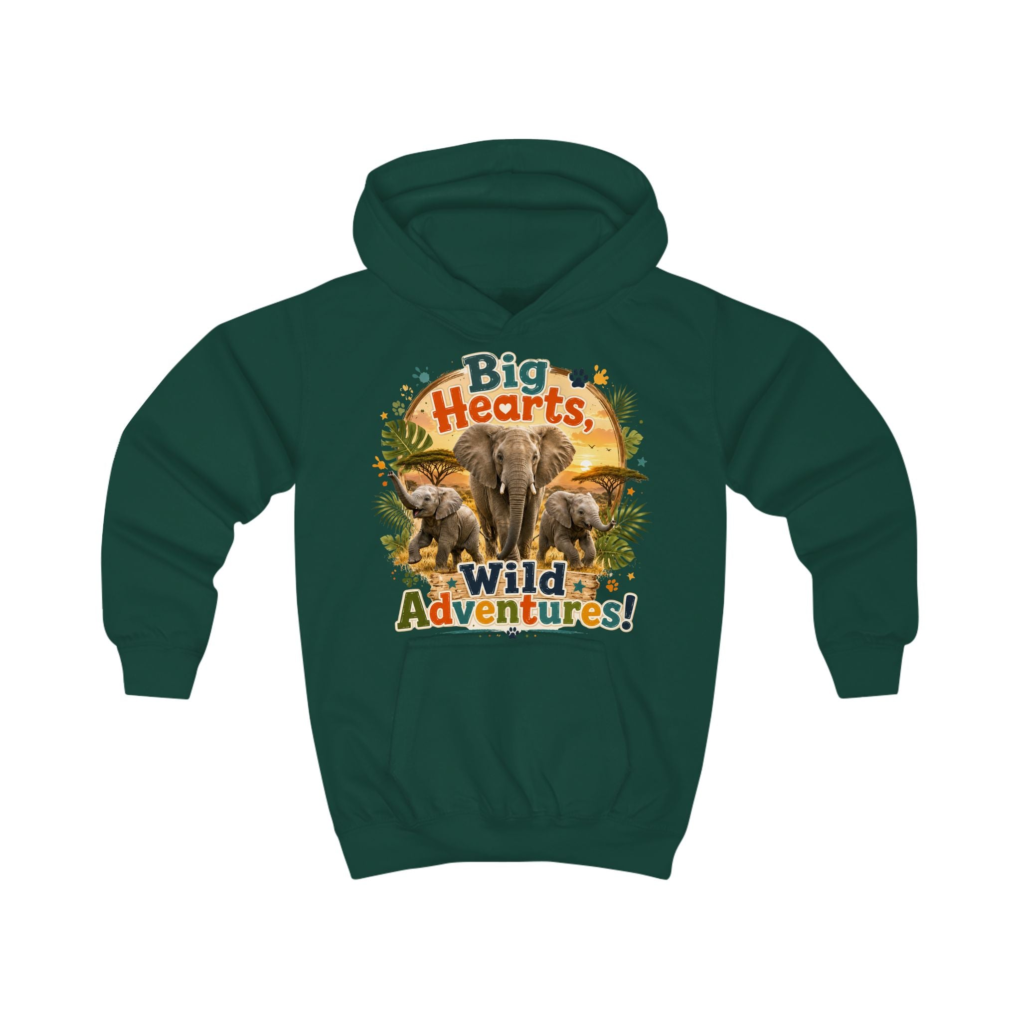 Kids Hoodie — "Big Hearts, Wild Adventures!" Elephant Safari Graphic