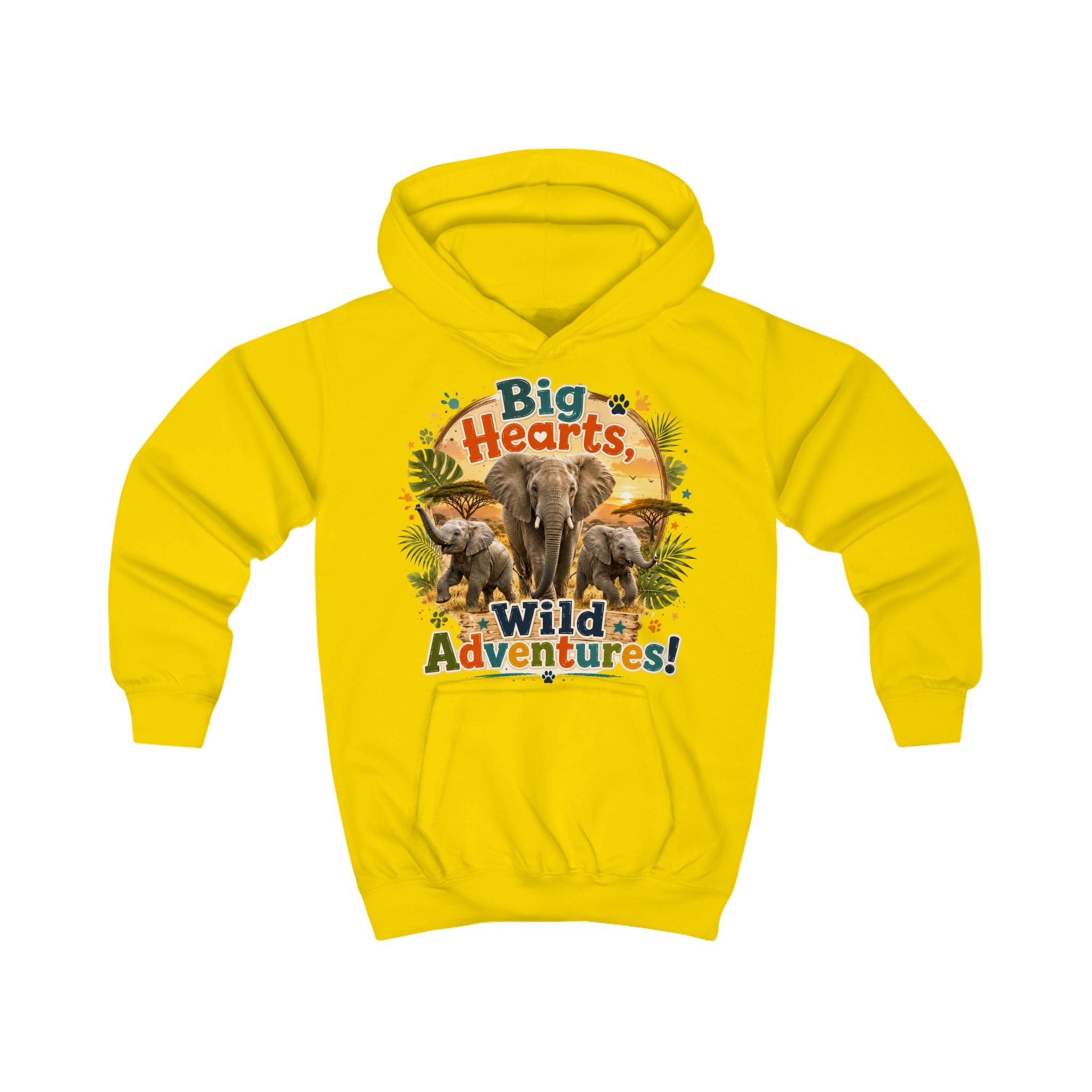 Kids Hoodie — "Big Hearts, Wild Adventures!" Elephant Safari Graphic