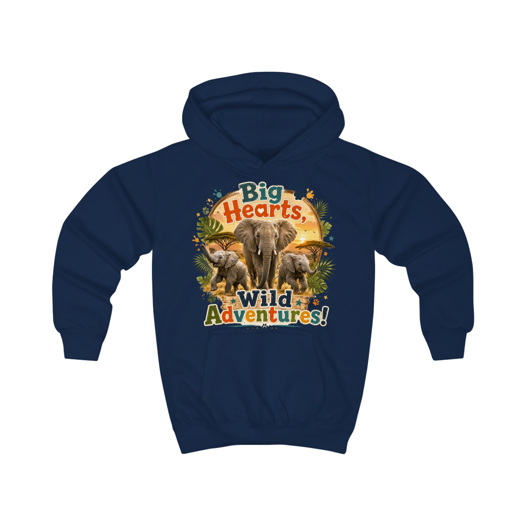 Kids Hoodie — "Big Hearts, Wild Adventures!" Elephant Safari Graphic