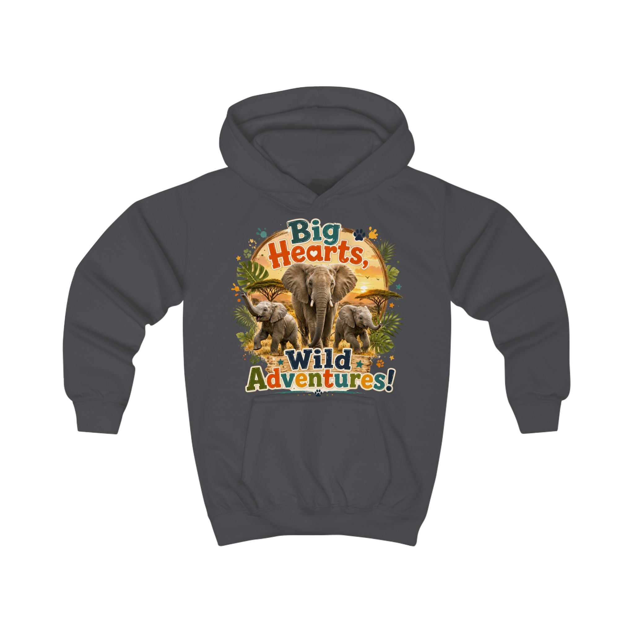 Kids Hoodie — "Big Hearts, Wild Adventures!" Elephant Safari Graphic