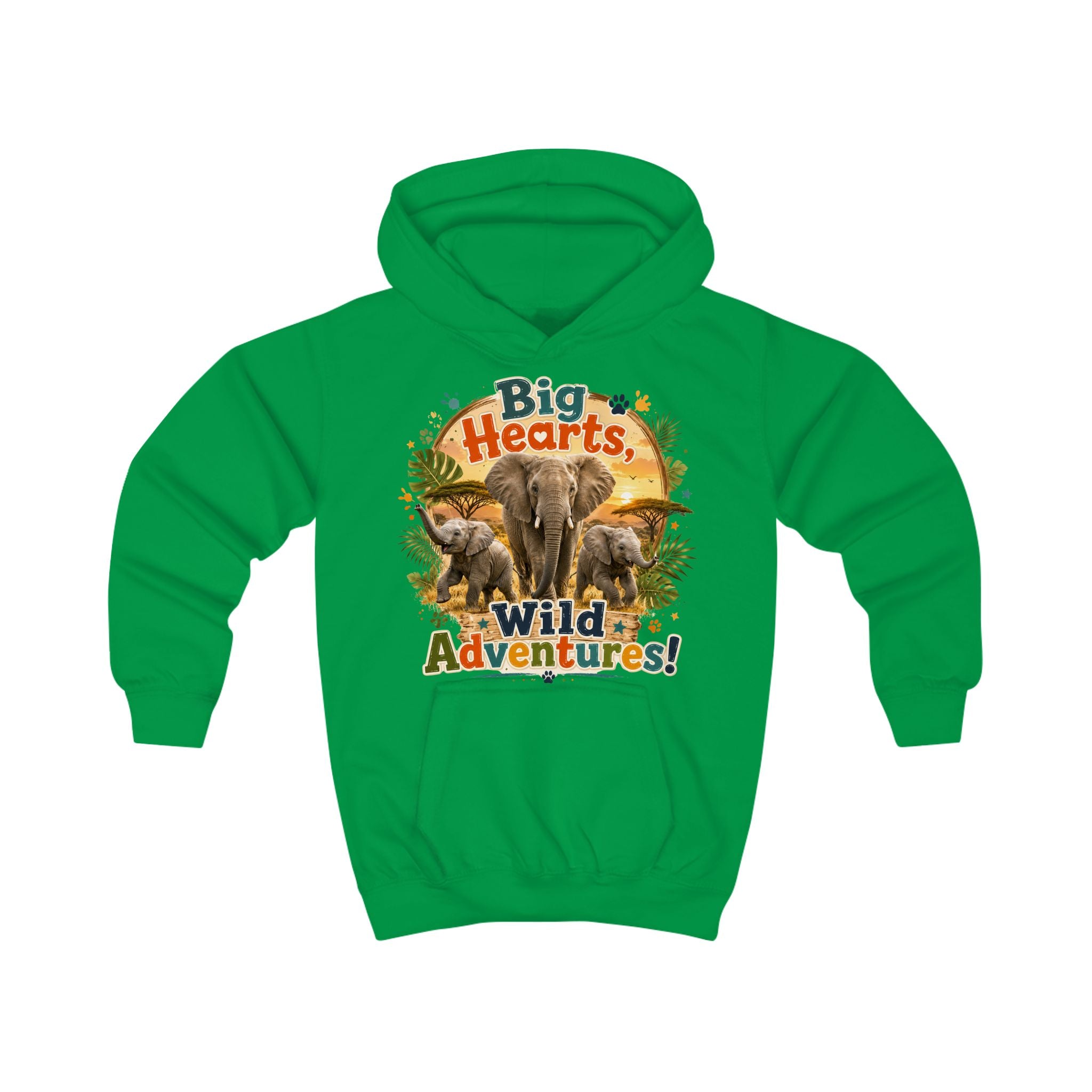 Kids Hoodie — "Big Hearts, Wild Adventures!" Elephant Safari Graphic