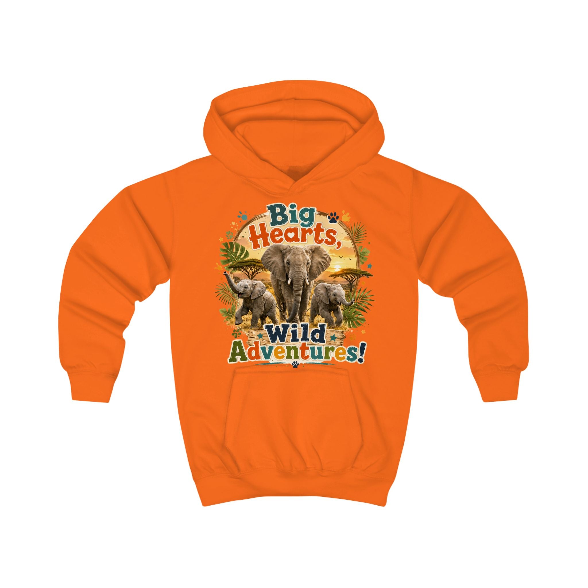 Kids Hoodie — "Big Hearts, Wild Adventures!" Elephant Safari Graphic