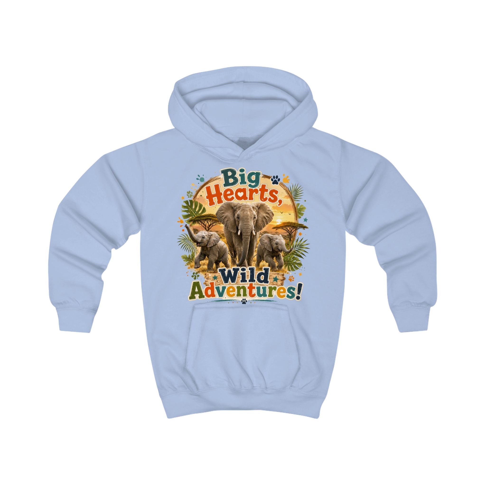 Kids Hoodie — "Big Hearts, Wild Adventures!" Elephant Safari Graphic