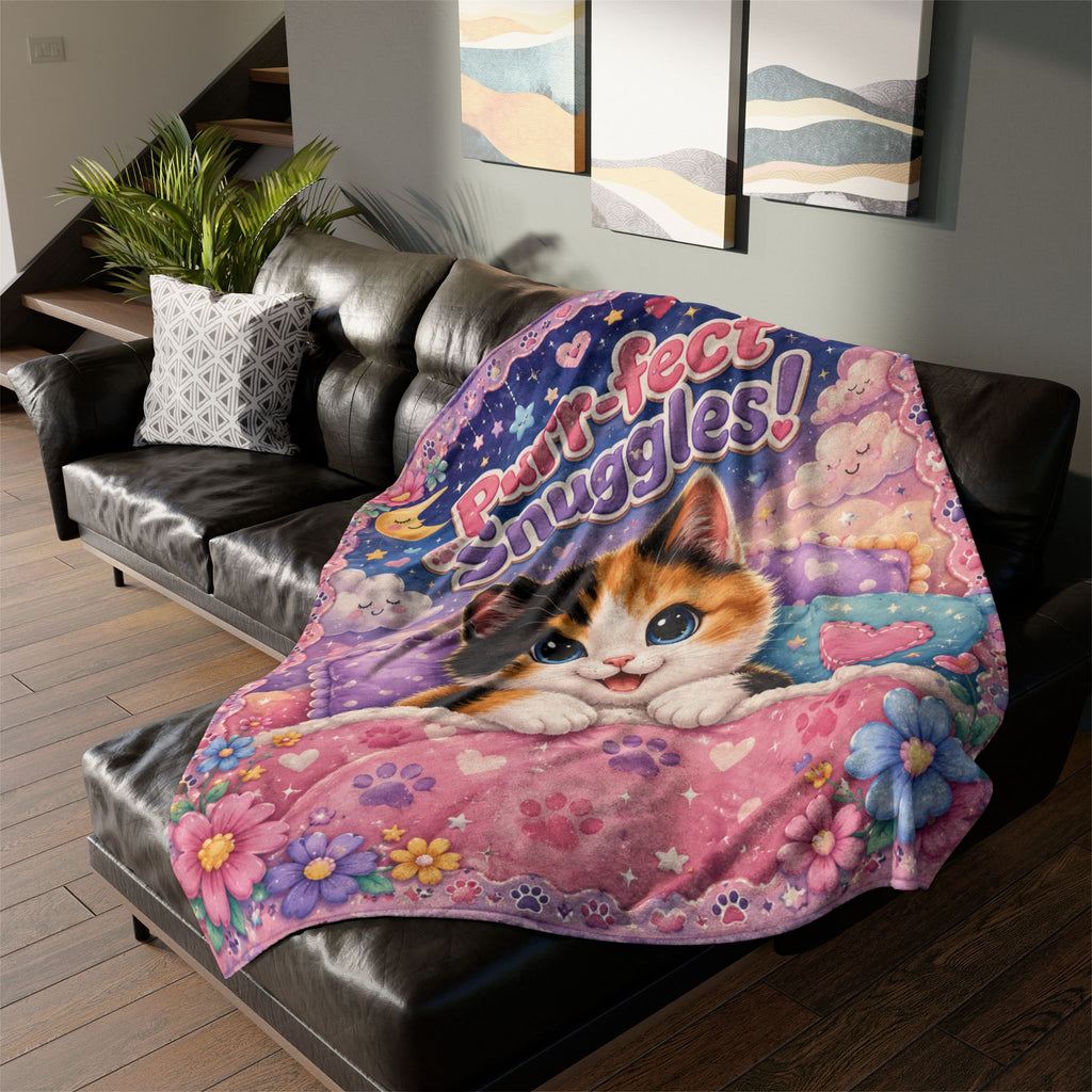 Purr-fect Snuggles Blanket — Cute Calico Kitten Plush Throw for Kids & Cat Lovers