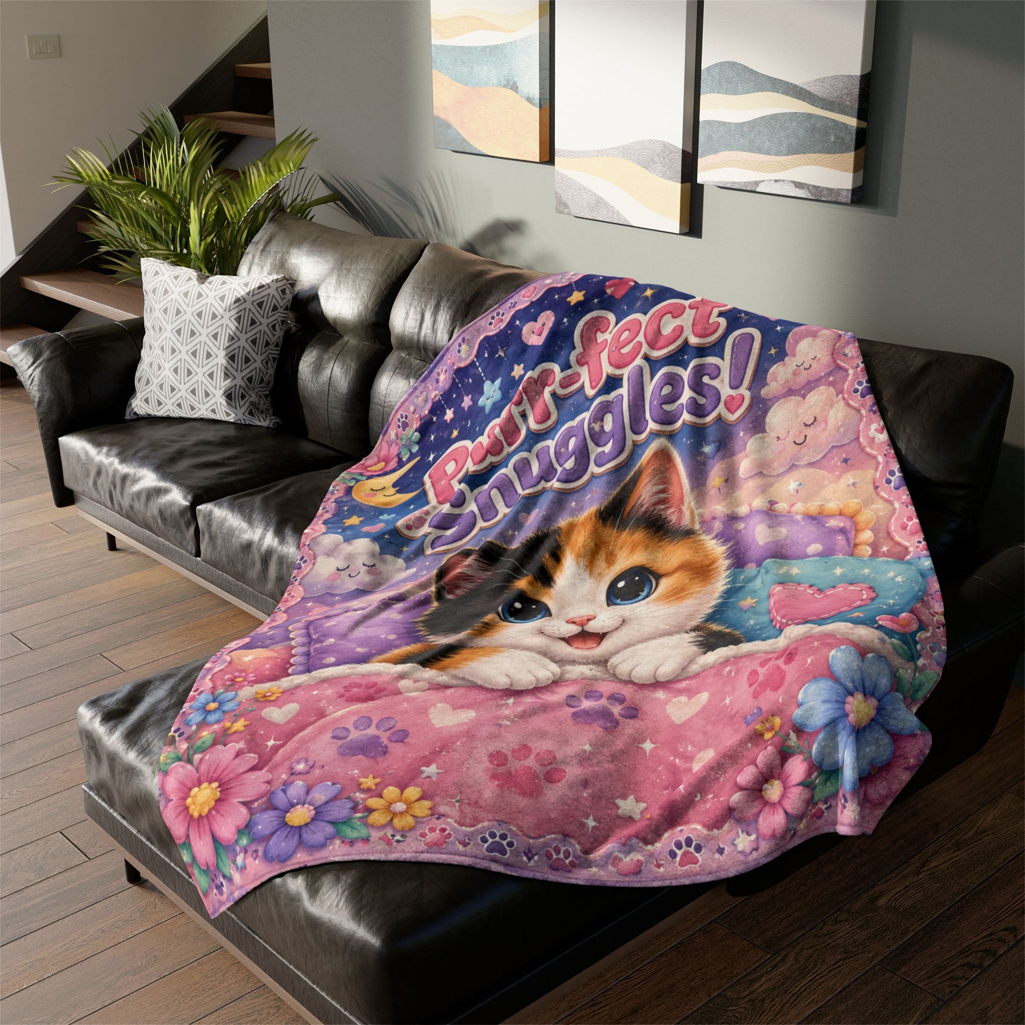 Purr-fect Snuggles Blanket — Cute Calico Kitten Plush Throw for Kids & Cat Lovers