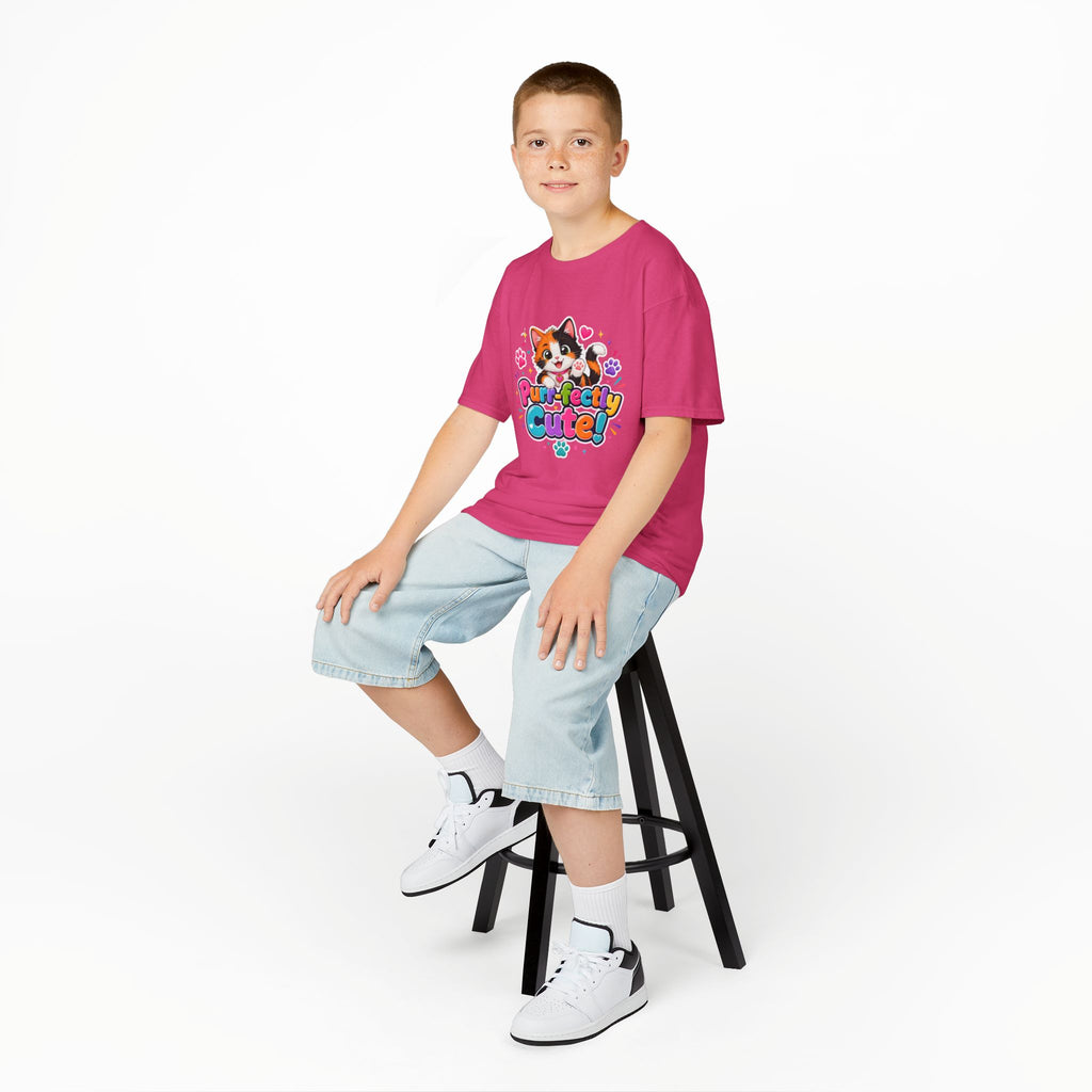 Kids Tee — “Purr-fectly Cute!” Colorful Calico Cat Graphic
