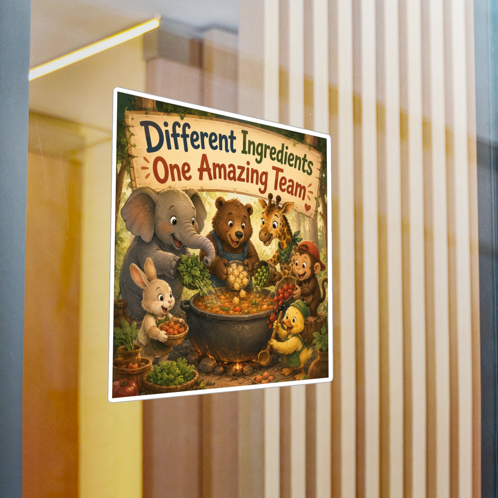 Kiss-Cut Vinyl Sticker — "Different Ingredients One Amazing Team" Cute Woodland Animals Teamwork Decal