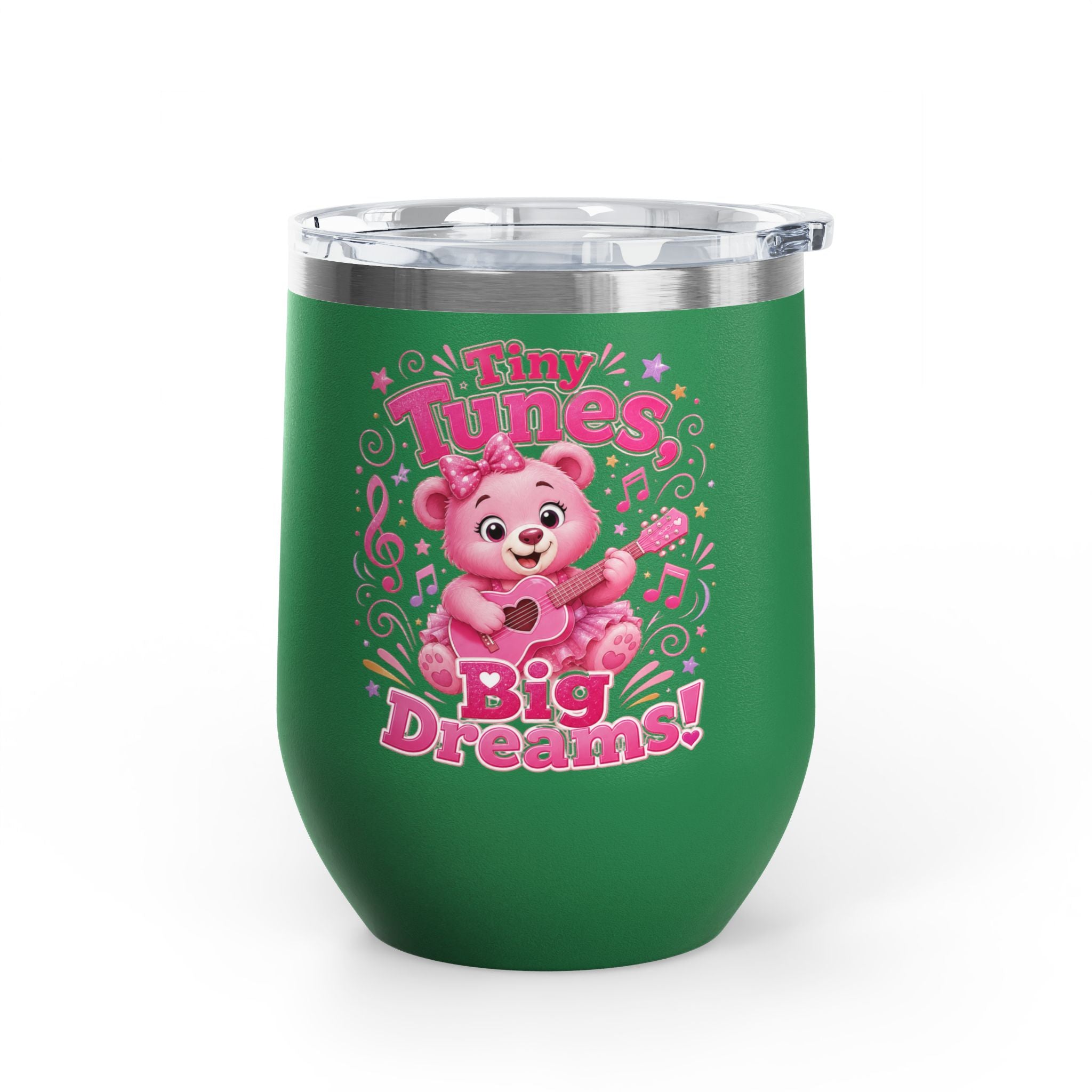 12oz Tumbler — "Tiny Tunes, Big Dreams" Cute Pink Bear Design