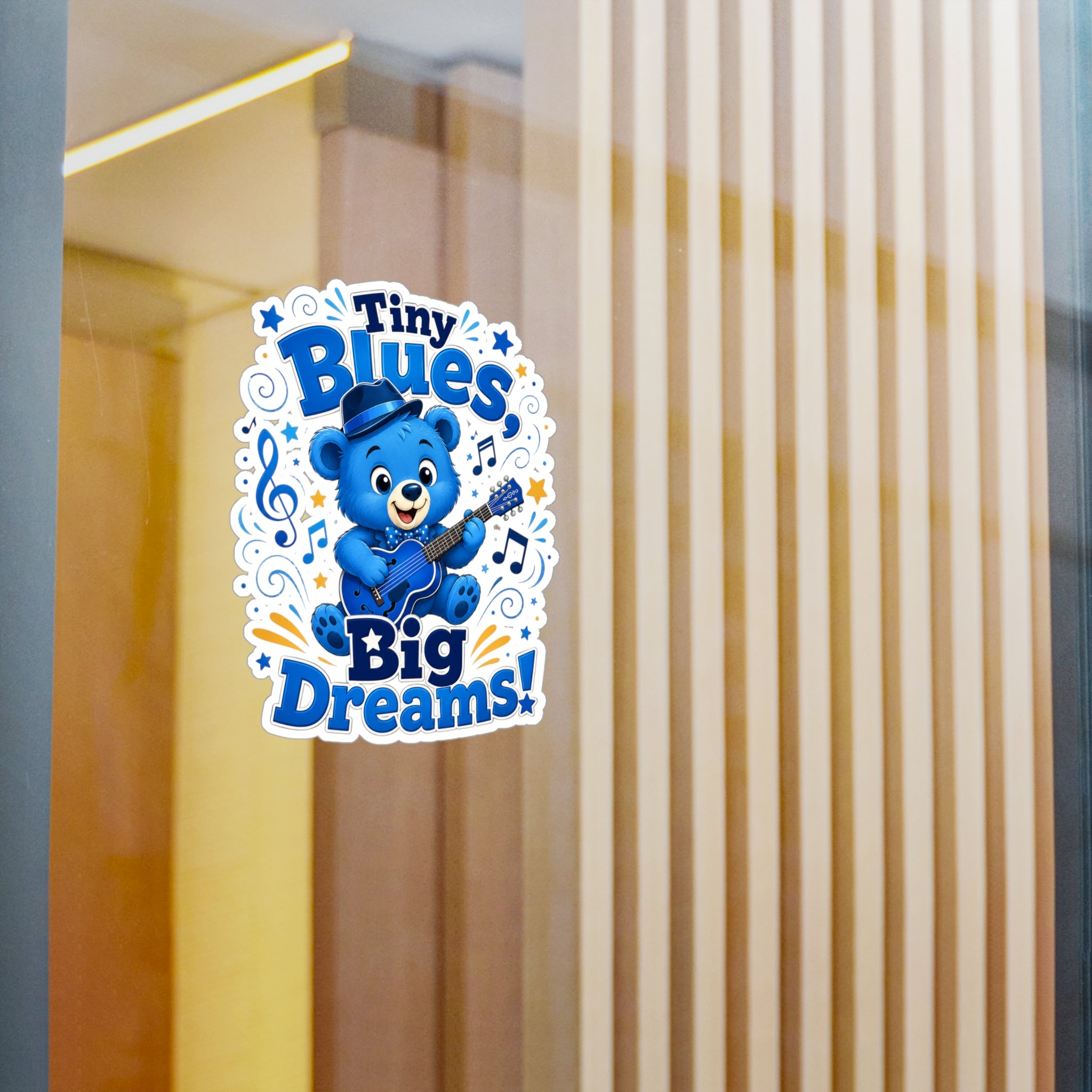 Tiny Blues Big Dreams Sticker — Cute Blue Bear Guitar Kiss-Cut Vinyl Decal