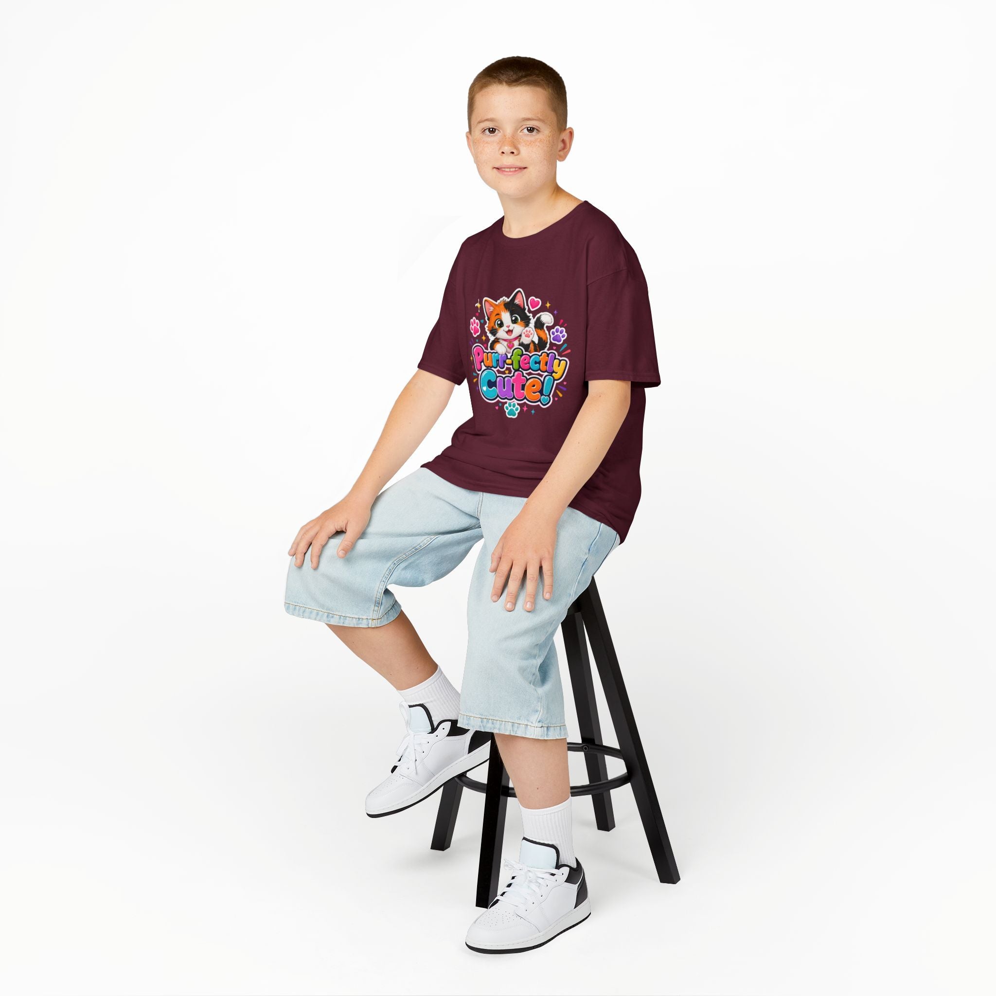 Kids Tee — “Purr-fectly Cute!” Colorful Calico Cat Graphic