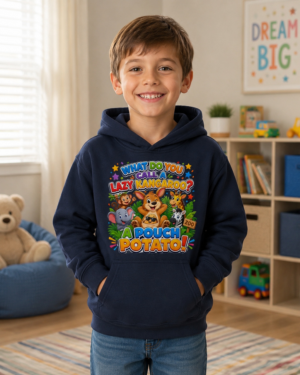 Lazy Kangaroo Pouch Potato Kids Hoodie | Cute Animal Joke Graphic