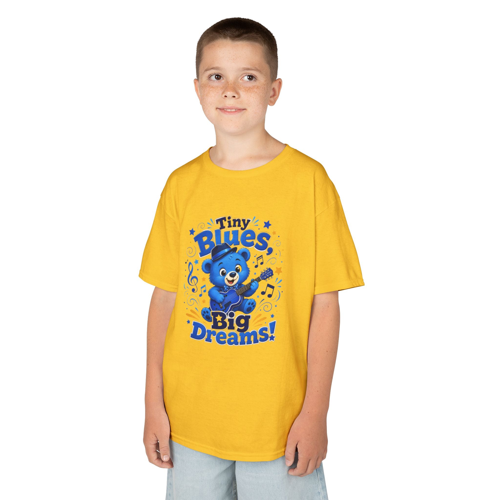 Kids Tee - "Tiny Blues, Big Dreams!" Cute Blue Bear Music Graphic