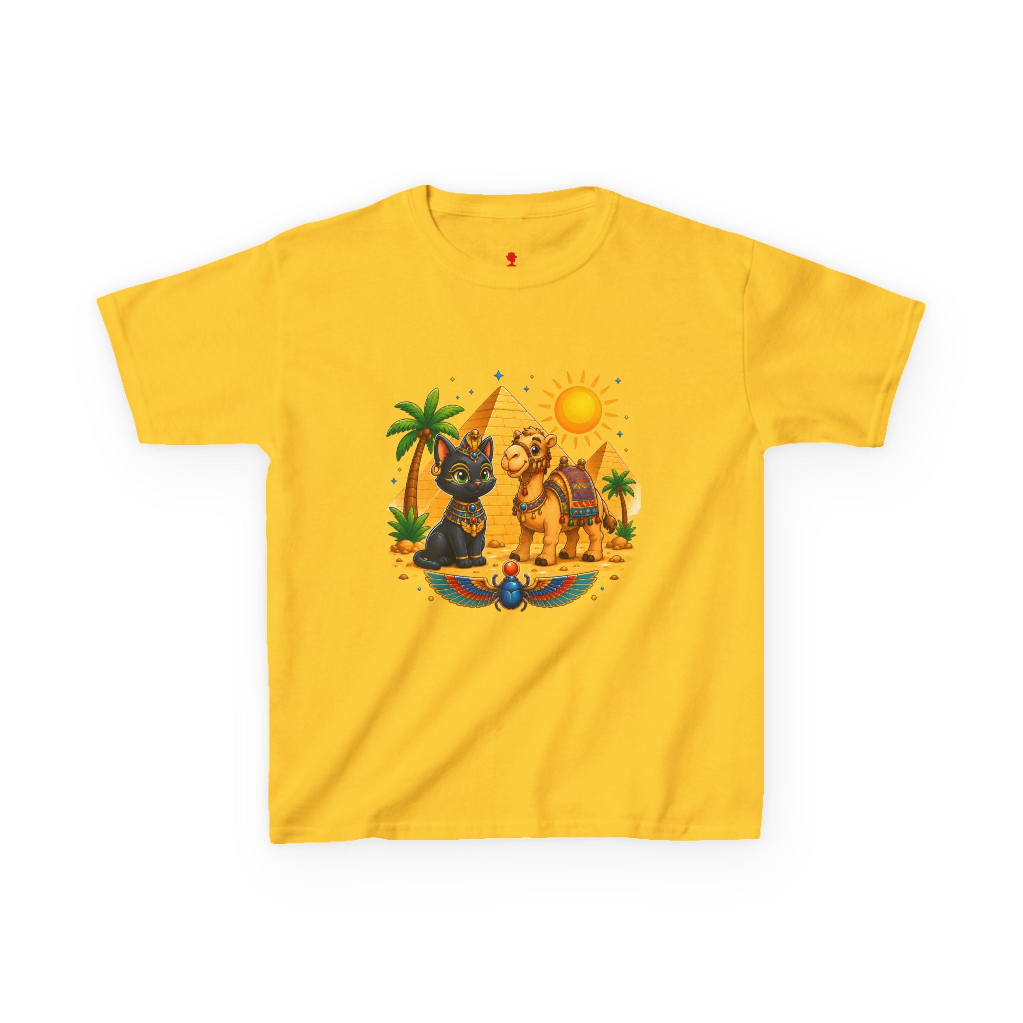Egyptian Cats and Camel Kids Tee | Pyramid Desert Sun Illustration