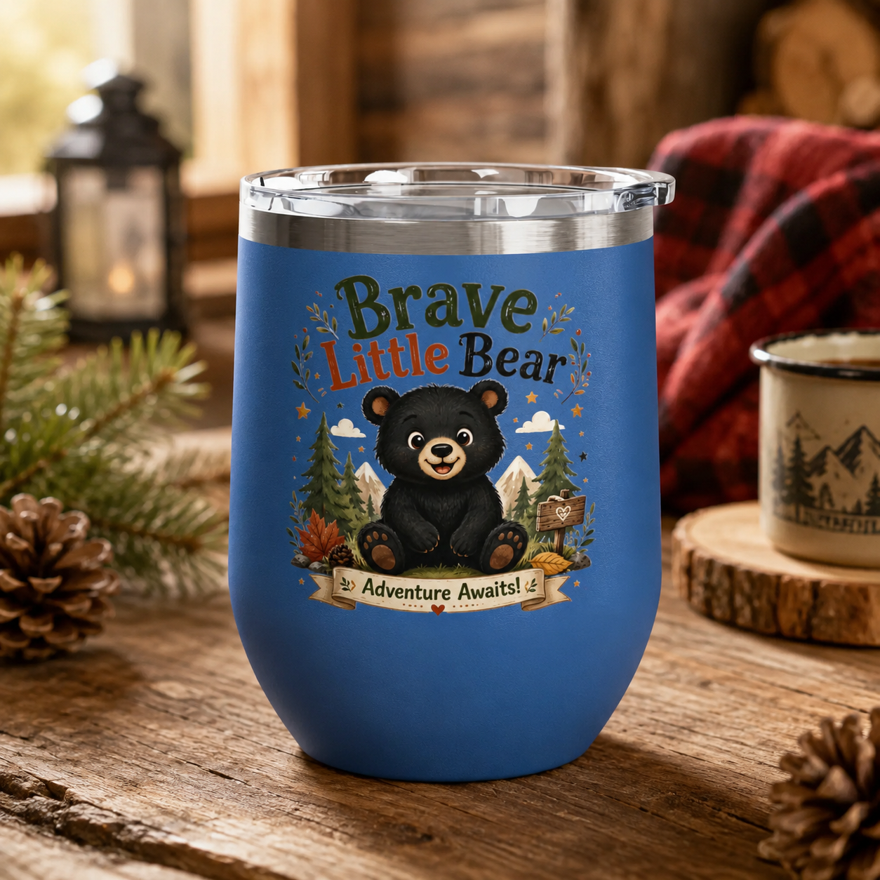 Brave Little Bear 12oz Tumbler — 'Adventure Awaits' Insulated Travel Cup