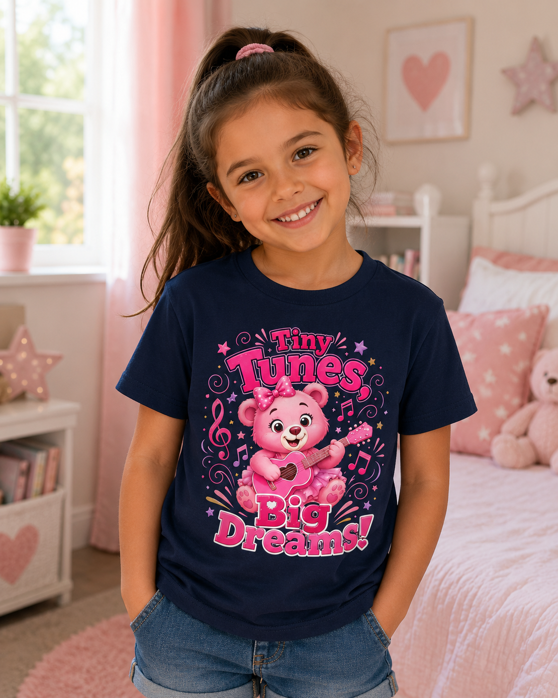 Kids T-Shirt — "Tiny Tunes, Big Dreams" Cute Pink Bear Music Tee
