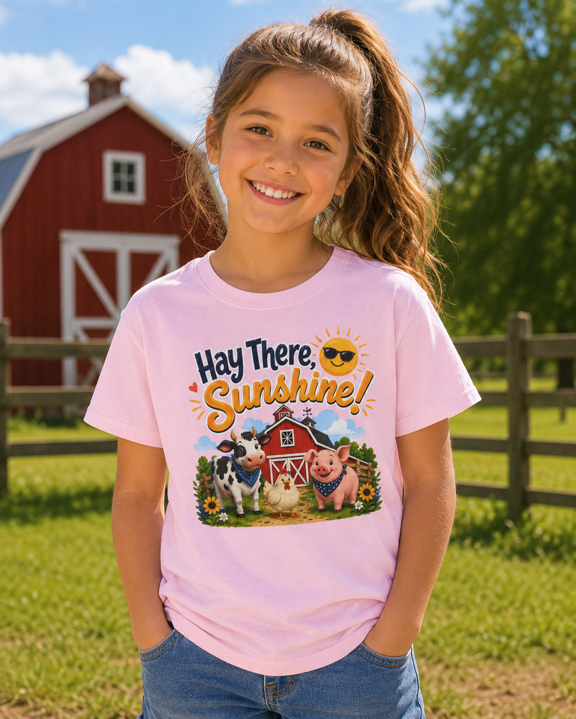 Kids Tee — "Hay There, Sunshine!" Farm Animal Graphic