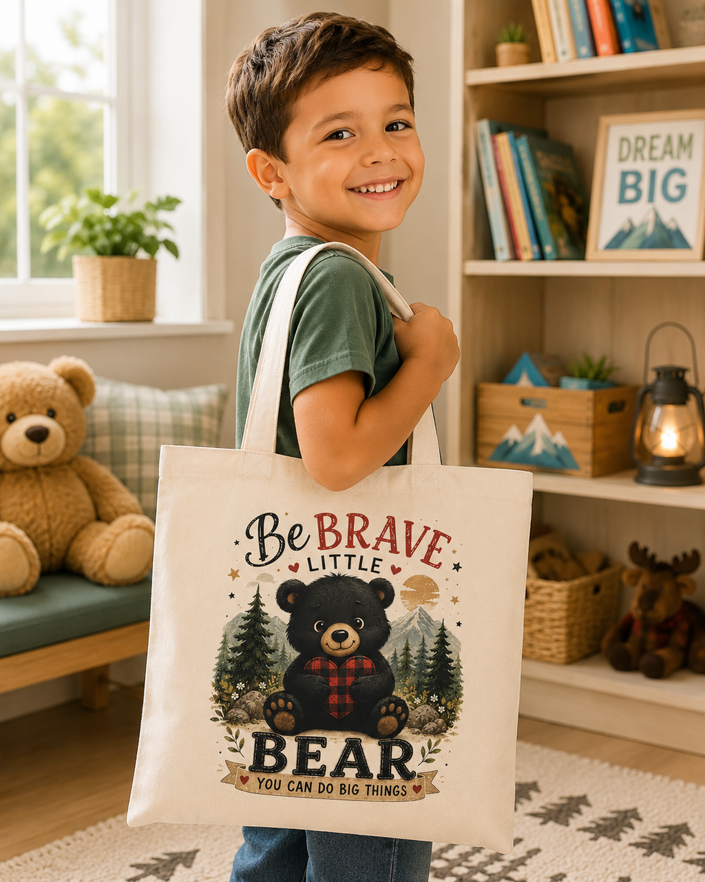 Be Brave Little Bear Tote Bag — Cute Kids Woodland Cotton Shopper