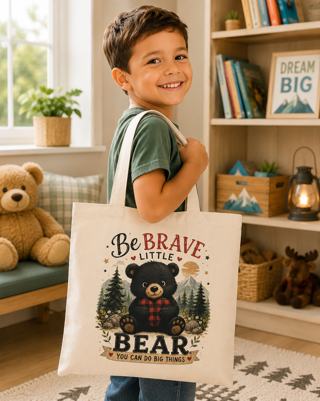 Be Brave Little Bear Tote Bag — Cute Kids Woodland Cotton Shopper