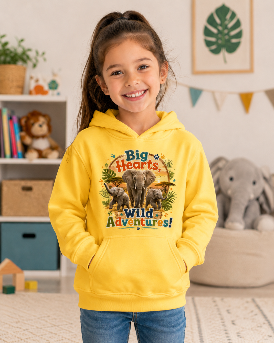 Kids Hoodie — "Big Hearts, Wild Adventures!" Elephant Safari Graphic