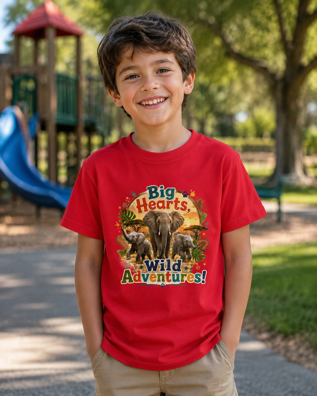 Kids T-Shirt — “Big Hearts, Wild Adventures!” Elephant Safari Shirt for Kids, Cute Animal Adventure Tee