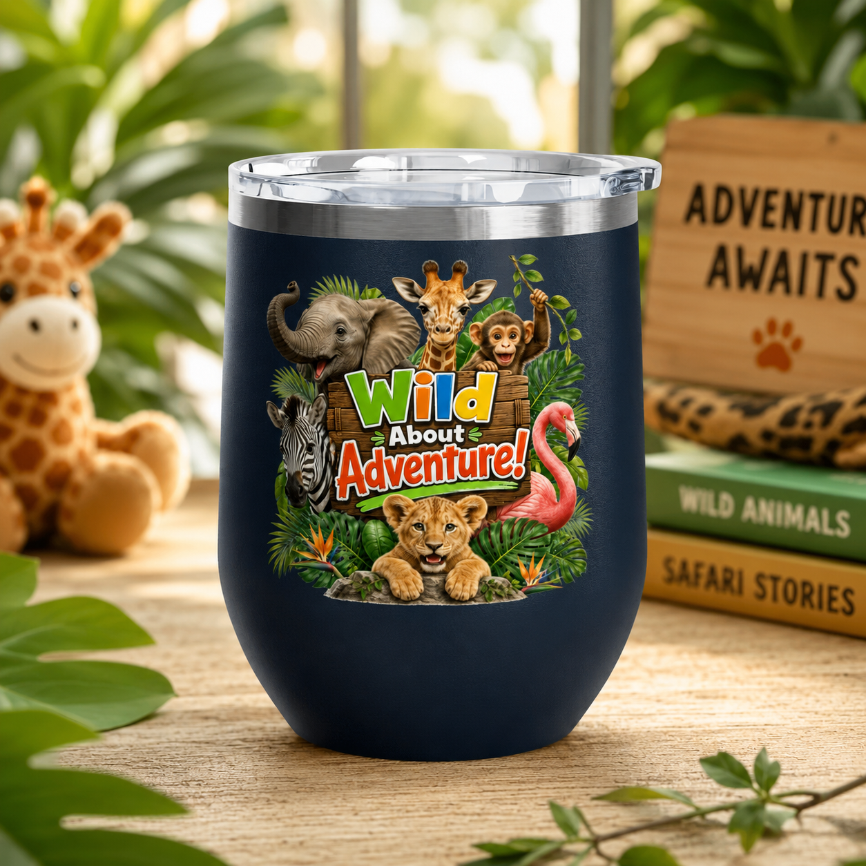 12oz Tumbler — "Wild About Adventure!" Safari Animal Travel Cup