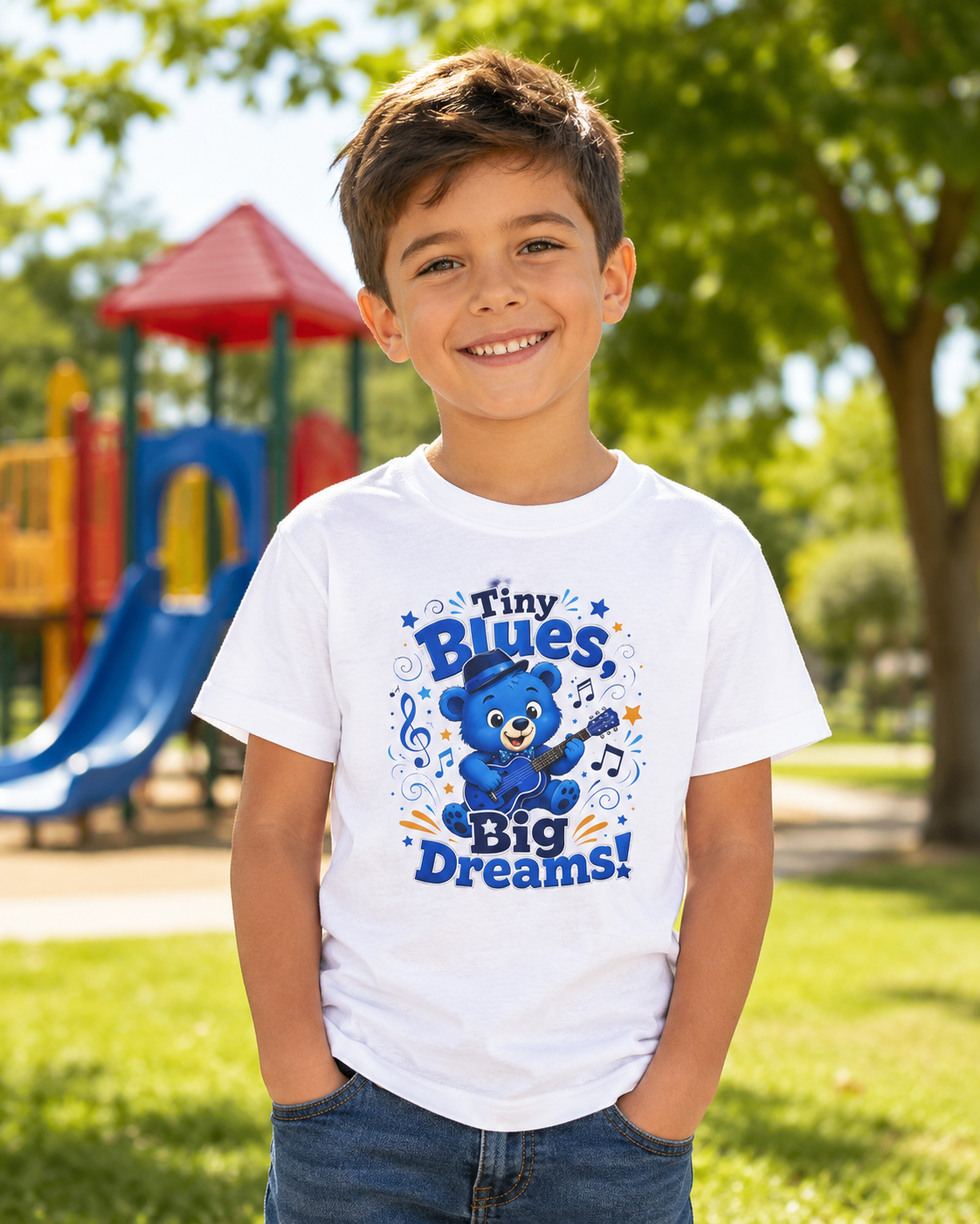 Kids Tee - "Tiny Blues, Big Dreams!" Cute Blue Bear Music Graphic