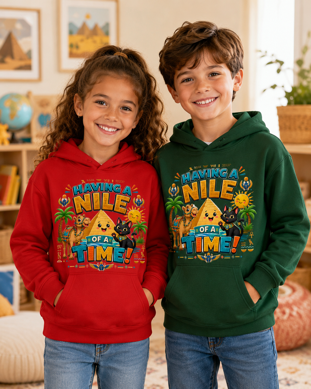 Having a Nile of a Time Kids Hoodie | Cute Egyptian Pyramid Cat Cartoon