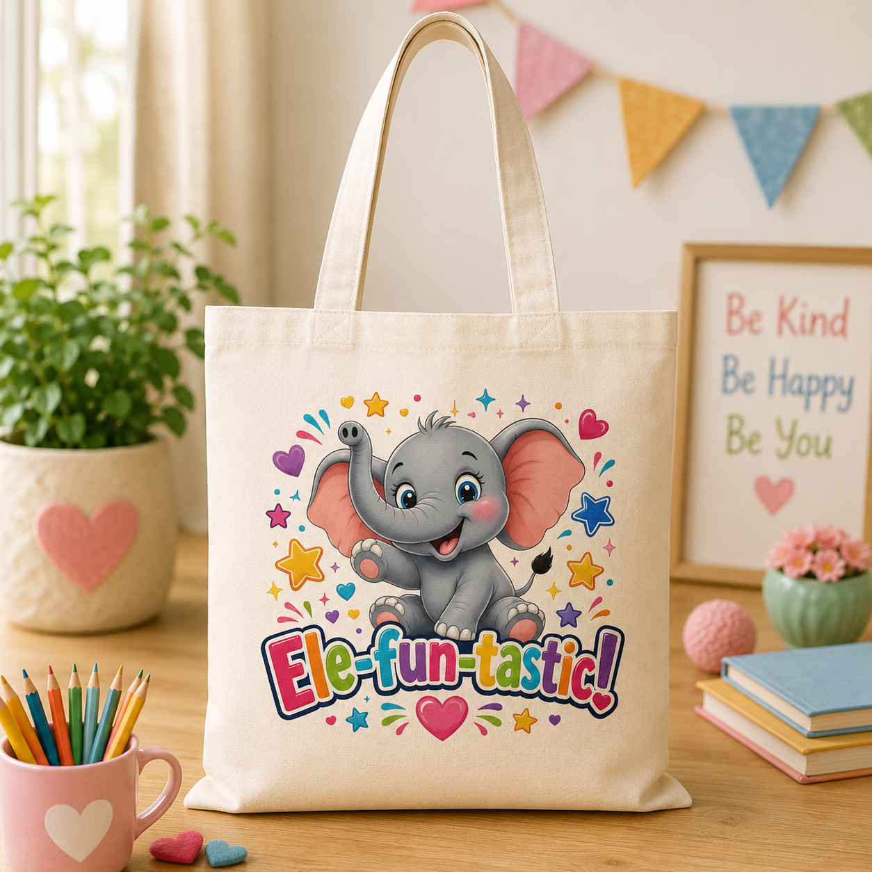 Ele-Fun-Tastic! Cute Elephant Kids Tote Bag — Colorful Animal Canvas Shopper
