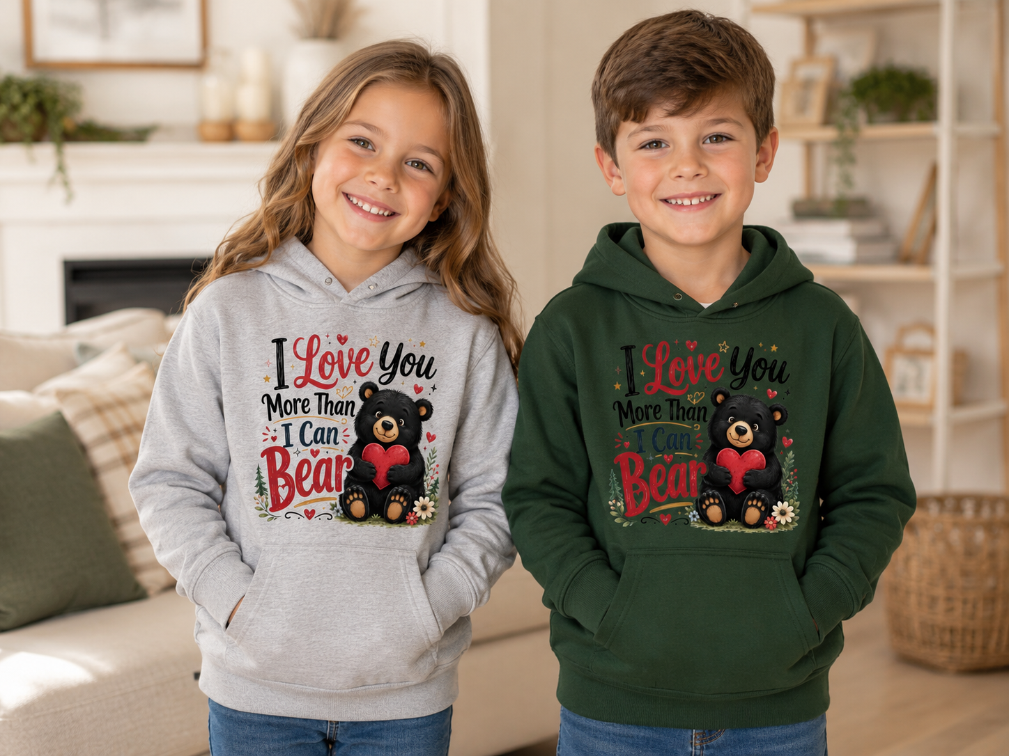 Kids Hoodie — "I Love You More Than I Can Bear" Cute Bear Valentine Design