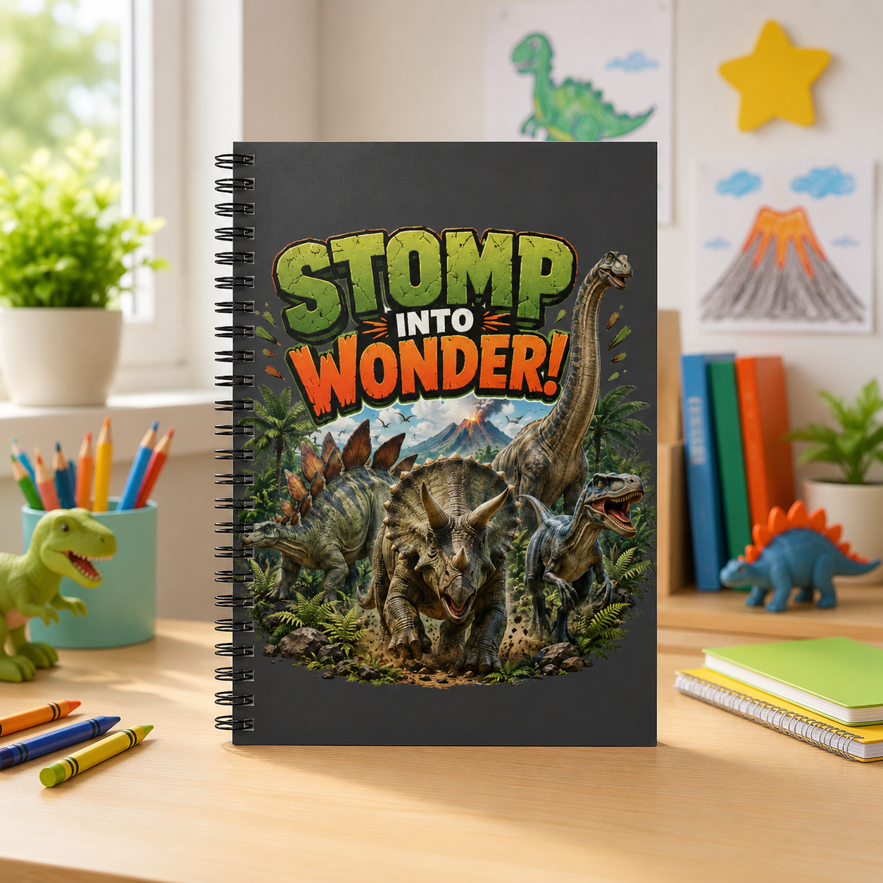 Dinosaur "Stomp Into Wonder" Spiral Notebook — Ruled Journal for Kids & Dino Lovers