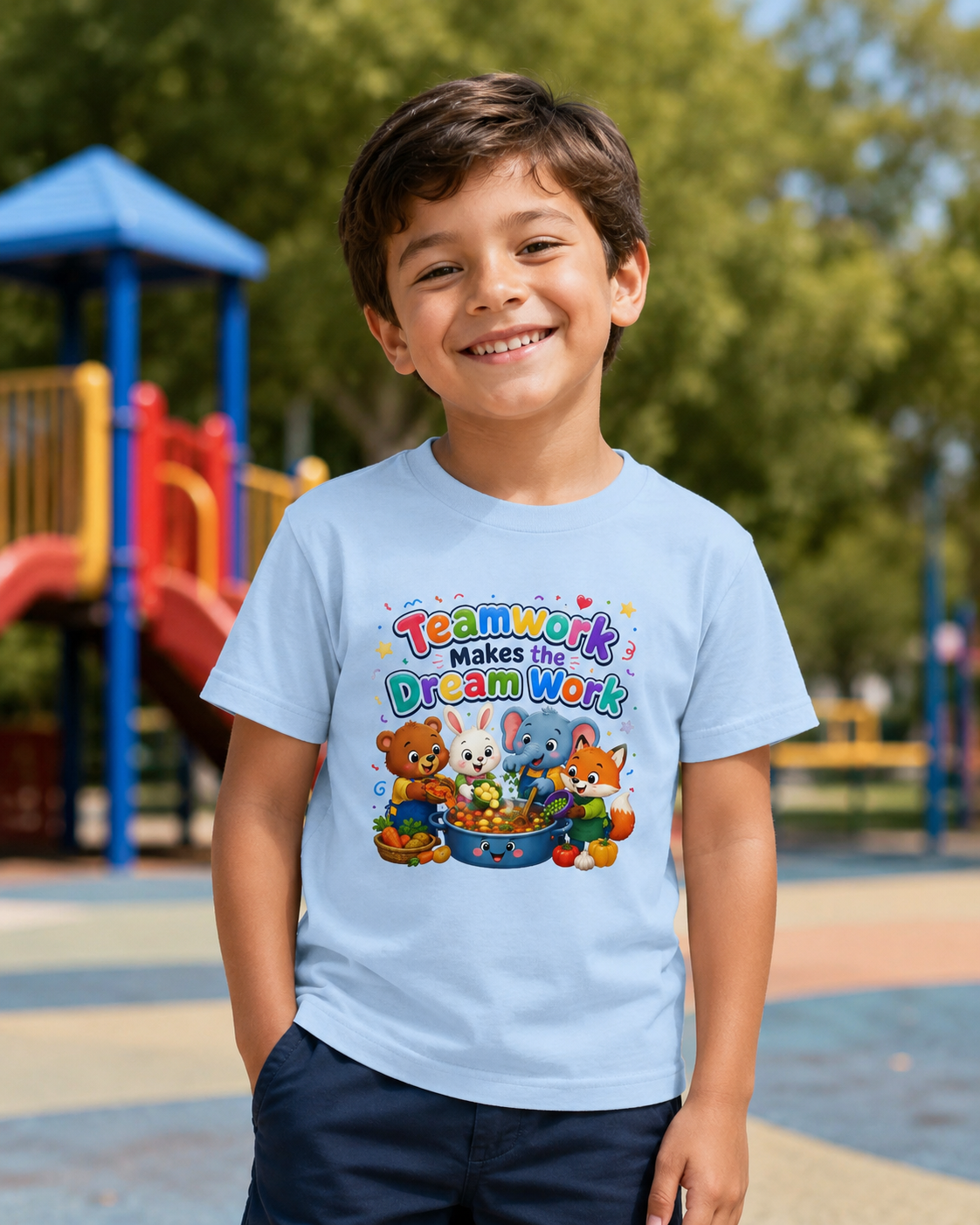 Kids Tee — “Teamwork Makes the Dream Work” Cute Animal Classroom Shirt