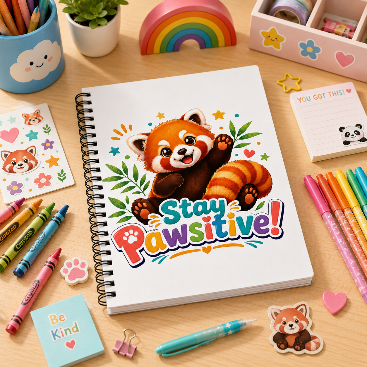 Red Panda Stay Pawsitive Spiral Notebook | Cute Animal Ruled Journal