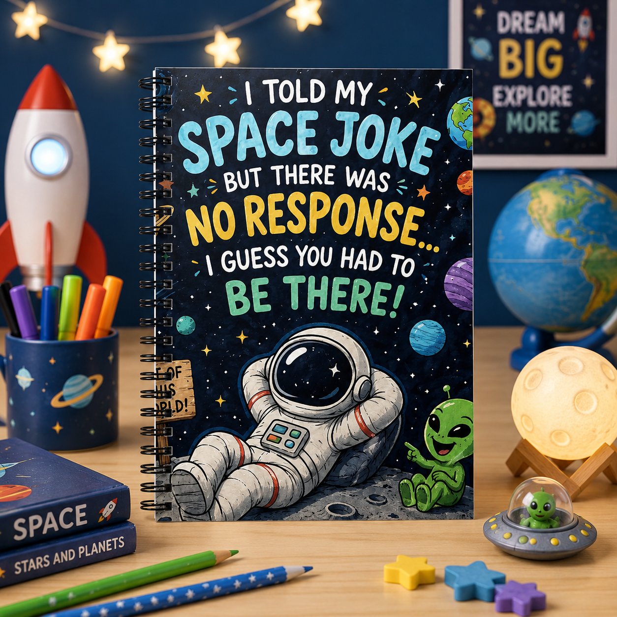 Space Joke Spiral Notebook — 'I Told My Space Joke… No Response' Astronaut & Alien Ruled Journal