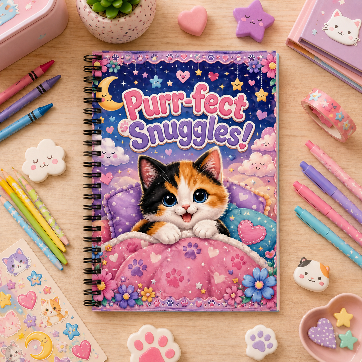 Purr-fect Snuggles! Cat Spiral Notebook — Cute Kawaii Kitten Journal for Notes & School